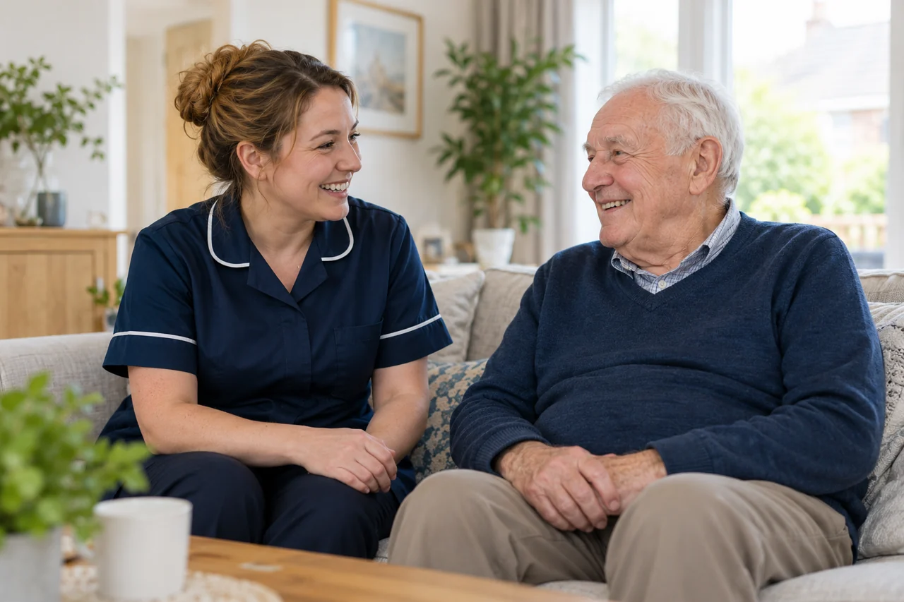 Illustrative care worker talking with an older adult