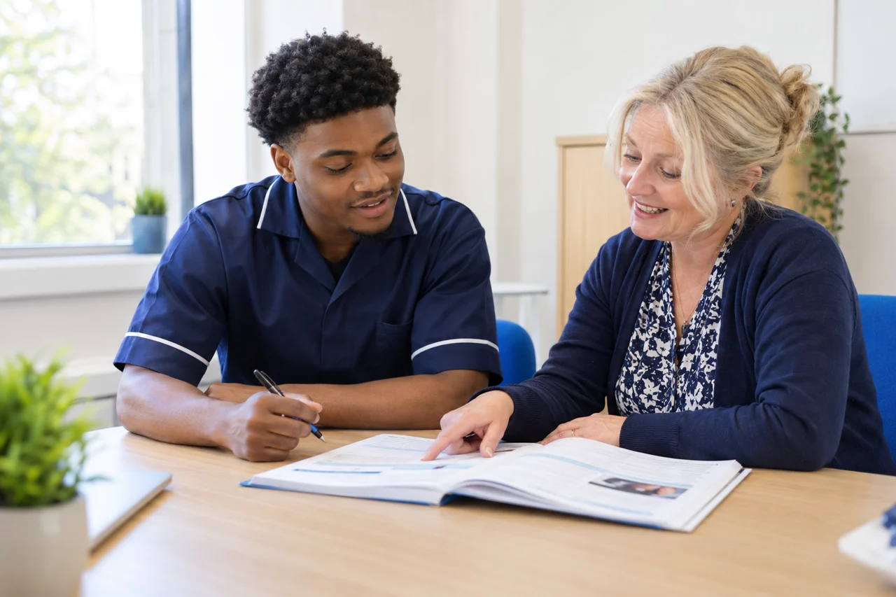Illustrative adult care learner reviewing a workbook with an assessor