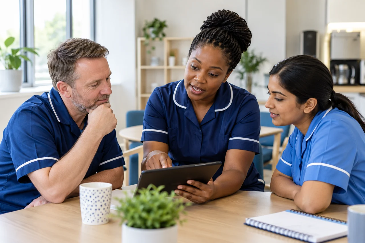 Illustrative senior care practitioner leading a team handover