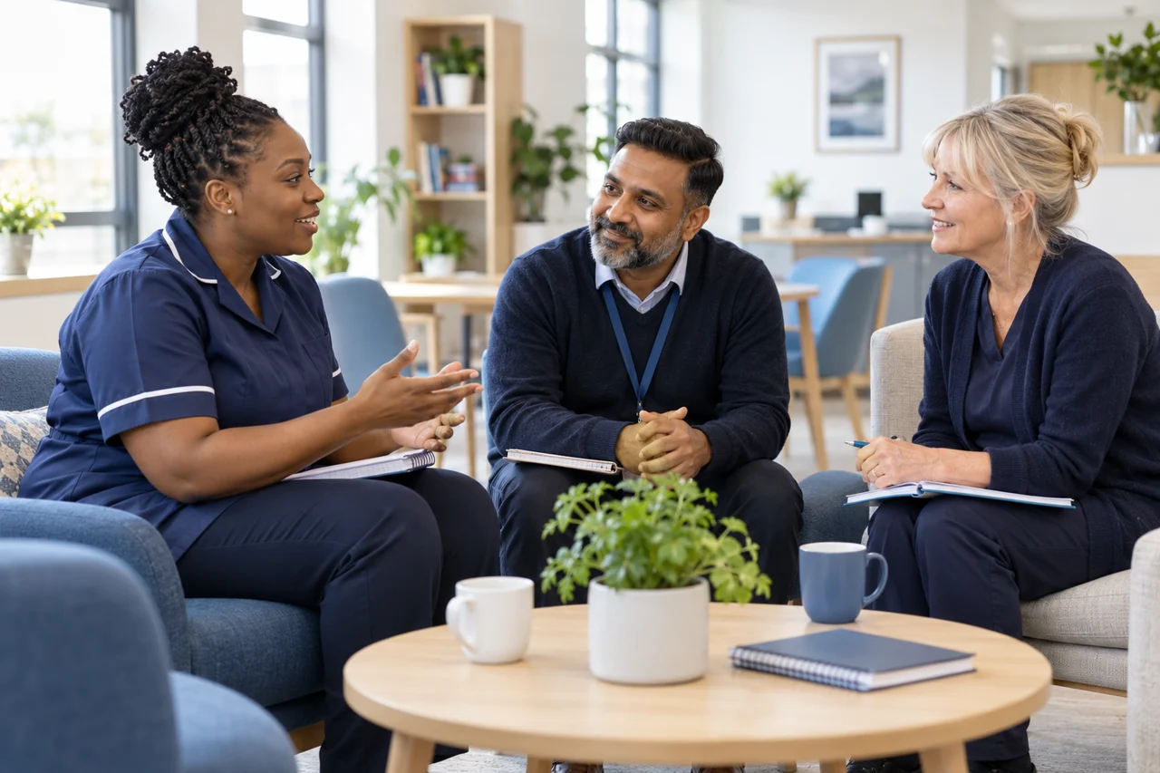 Illustrative care professionals discussing learning and development
