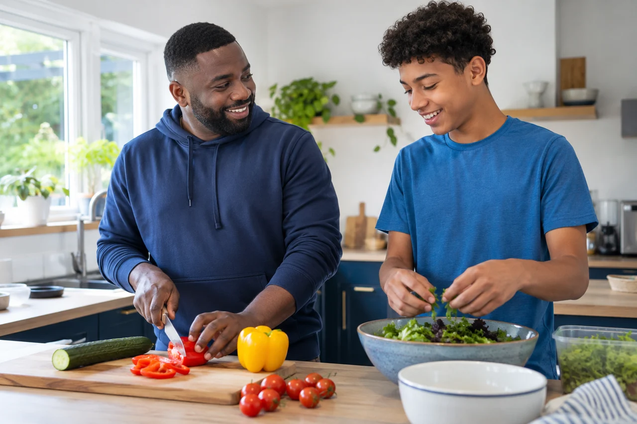 Illustrative residential childcare practitioner preparing lunch with a young person
