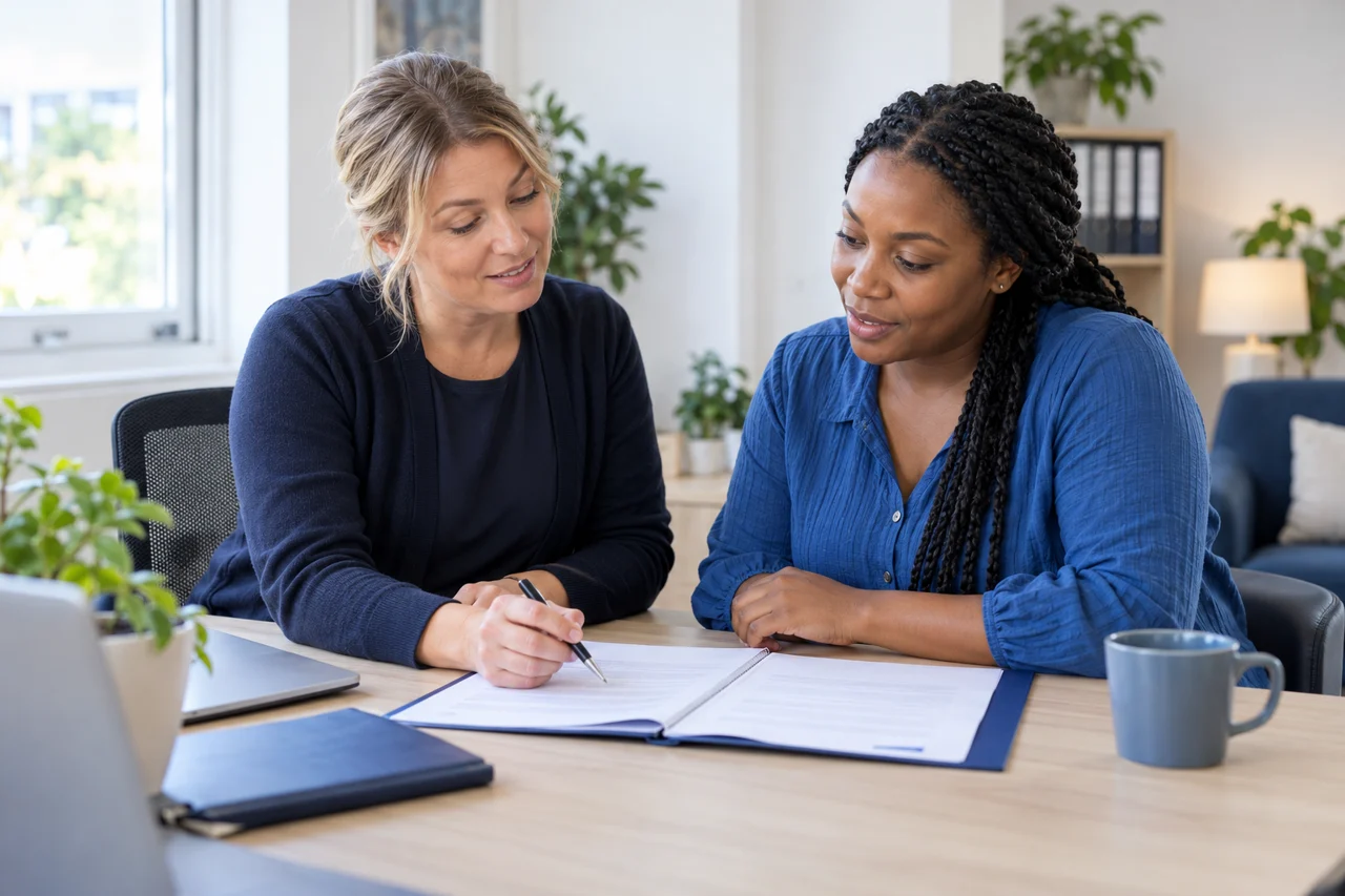 Illustrative residential childcare managers reviewing staff development